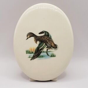 Mallard Duck In Flight Game Bird Porcelain Oval Frame with Stand Vintage Decor